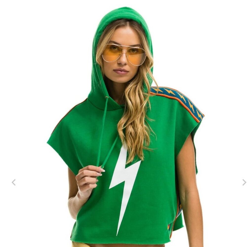 Aviator Nation Green Lightning Bolt Hooded Sleeveless Sweatshirt